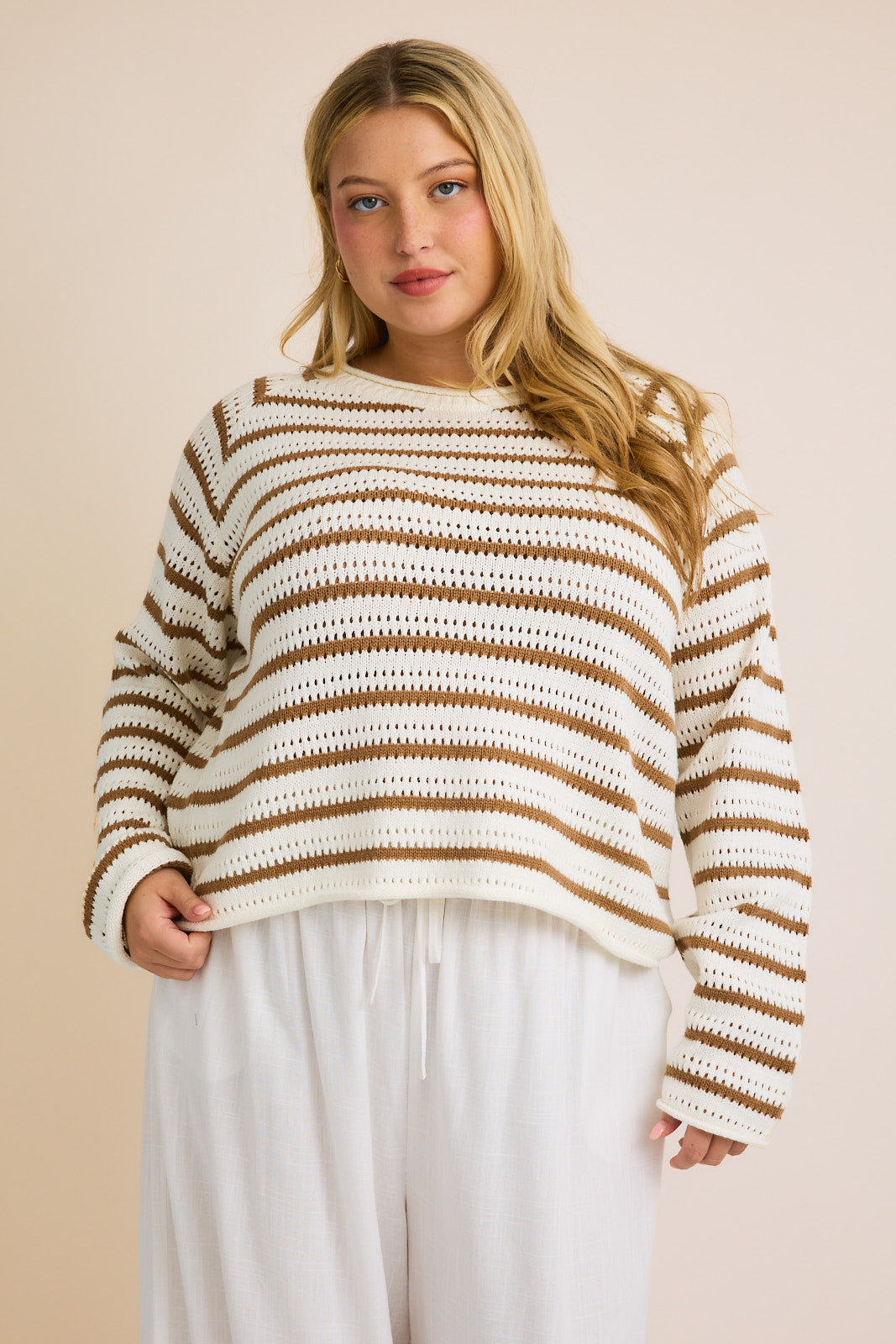 Striped Round Neck Open Knit Long Sleeve Sweater (Plus Size)