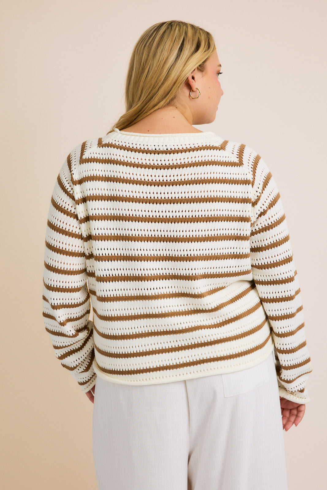 Striped Round Neck Open Knit Long Sleeve Sweater (Plus Size)