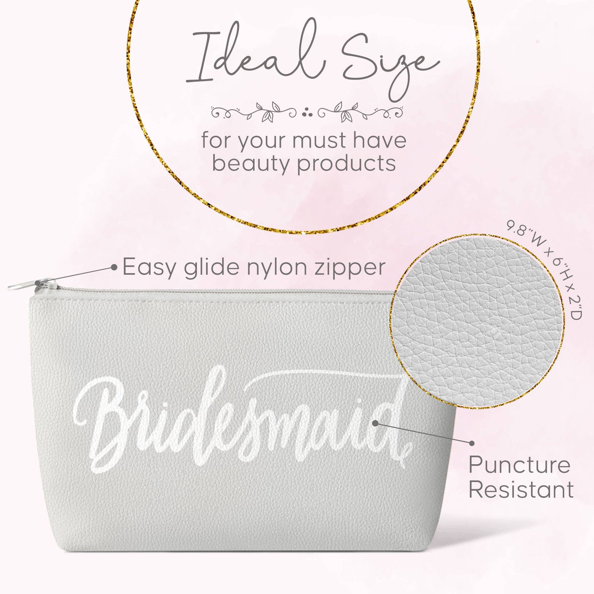 "Bridesmaid" Makeup Bag (Grey Faux Leather) - In Pursuit Mobile Boutique || Apparel, Accessories & Gifts Saint John, New Brunswick