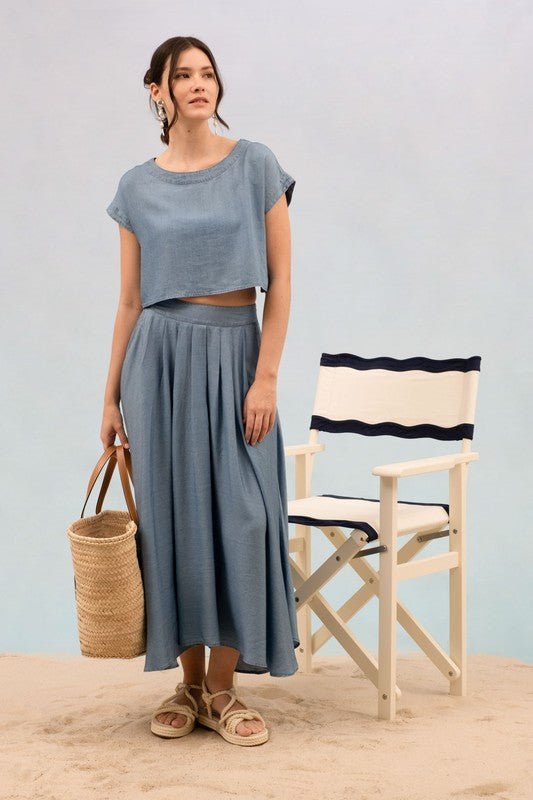 Chambray Pleated Midi Skirt - In Pursuit Mobile Boutique || Apparel, Accessories & Gifts Saint John, New Brunswick