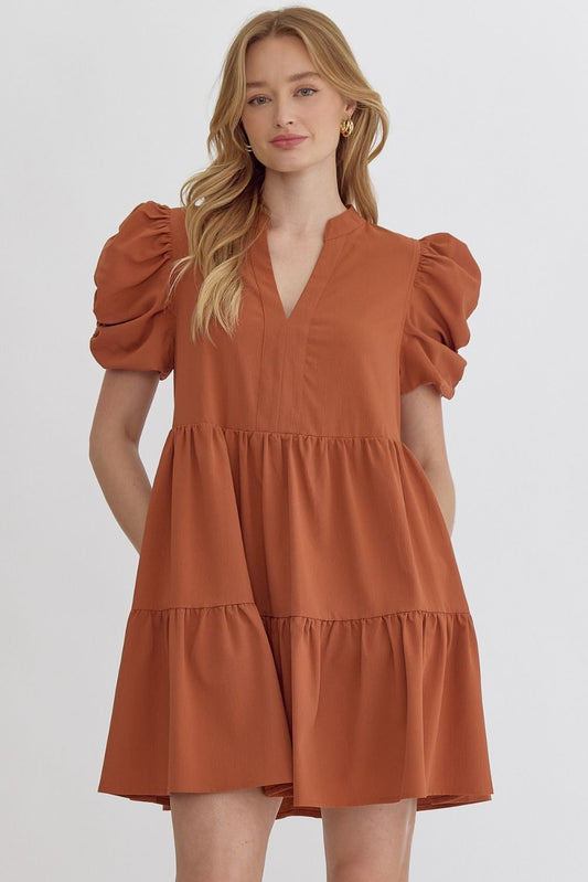 Puff Sleeve Tiered Babydoll Dress (Cognac)