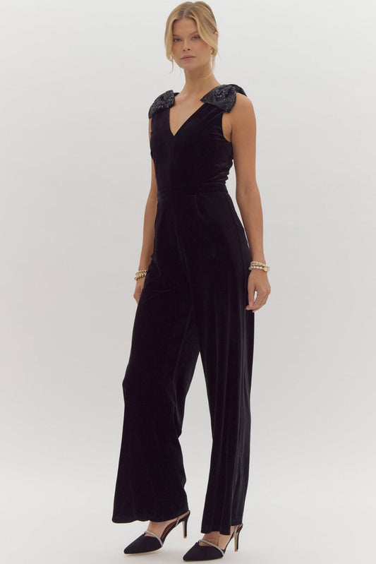 Sequin Bow Strap Velvet Jumpsuit