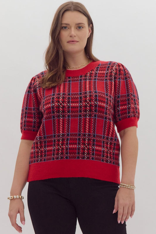 Plaid Short Sleeve Sweater (Plus Size)