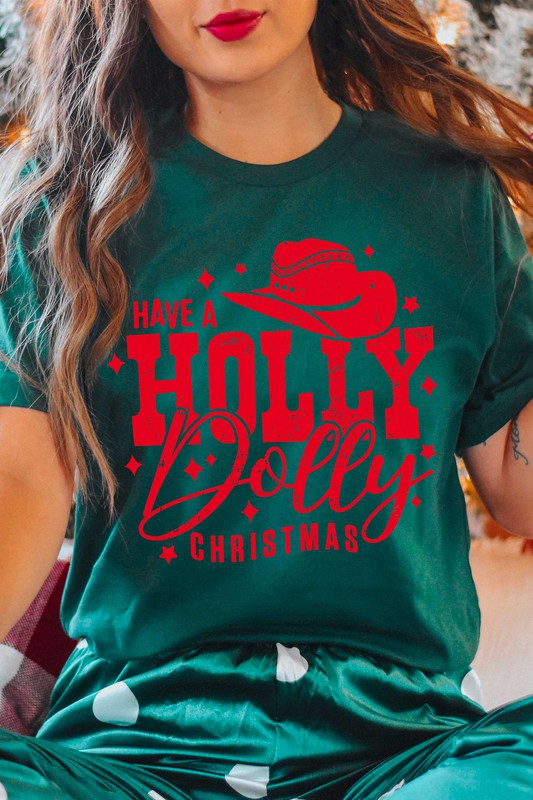 "Have a Holly Dolly Christmas" Unisex Graphic T-Shirt (Green / Red Ink)