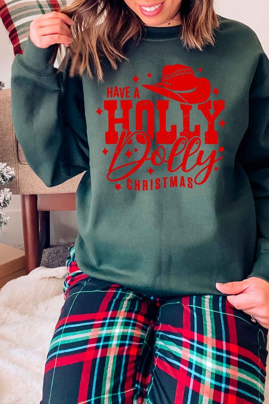 "Have a Holly Dolly Christmas" Unisex Graphic Sweatshirt (Heather Green / Red Ink)